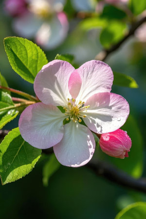Apple blossom in spring, close up of pink and white flowersの素材