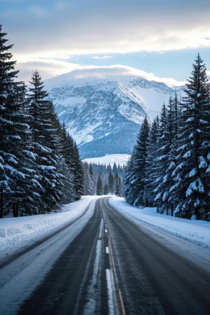 Mountain road in the winter forest. Beautiful winter landscape in the mountains.の素材
