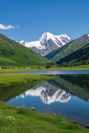 Mountain lake with reflection of the mountains in the water, Kyrgyzstanの素材
