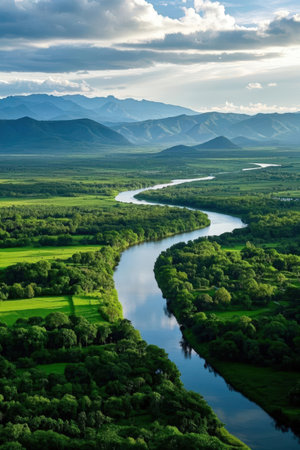 Aerial view of the river and mountains in the background. Ukraine.の素材