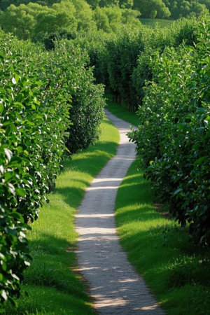 path in the garden with green grass and trees. High quality photoの素材