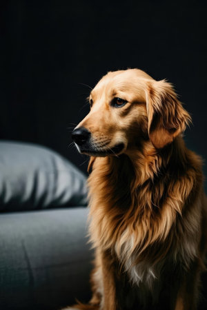 Golden Retriever dog sitting on a sofa in a dark roomの素材