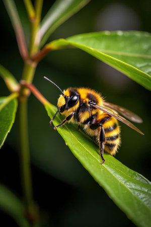 Close up of a bee on a leaf. Shallow depth of field.の素材
