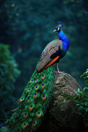 Beautiful peacock on the rock in the jungle. Wildlife scene from nature.の素材
