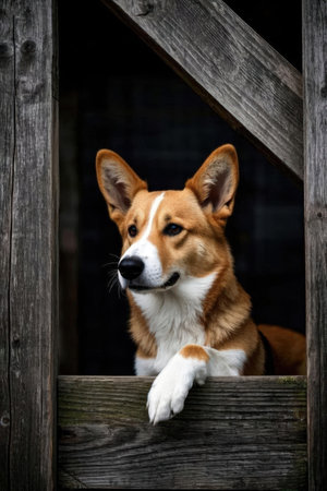 Welsh Corgi dog looking out of a wooden fence.の素材