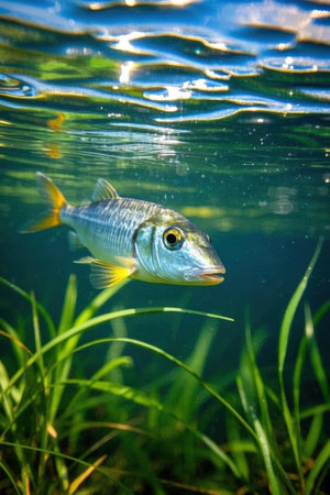 Photo of a fish in the water on a background of green grassの素材