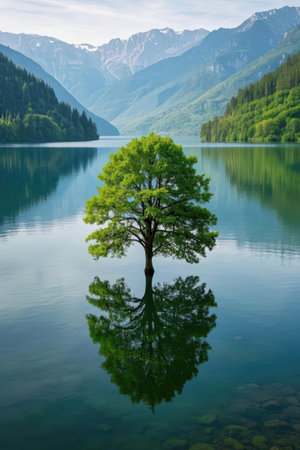 Lonely tree on the lake in the mountains, Switzerland.の素材