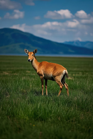 Young deer in the meadow with green grass and mountains in the backgroundの素材