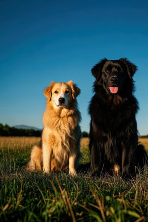 Two dogs sitting on the grass in the evening sun. Golden Retriever and Rottweiler.の素材