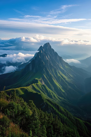 Mountain landscape with fog and clouds. Caucasus Mountains, Georgia.の素材