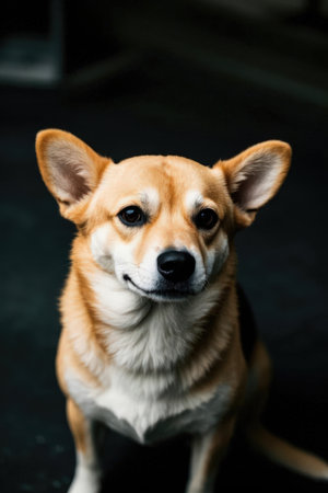Portrait of a cute corgi dog on a black background.の素材
