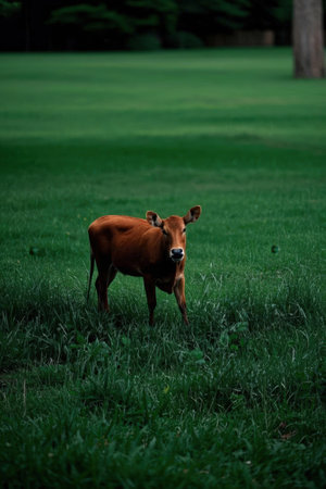Cattle grazing in the meadow in the park. Animal portraitの素材