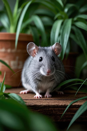 Gray rat sitting on a wooden table in the garden with green plantsの素材
