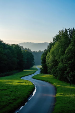 Beautiful landscape with a winding road in the middle of the forestの素材