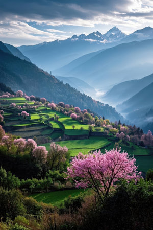 Cherry blossoms on a hillside with mountains in the backgroundの素材