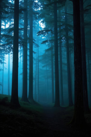 Mystical dark forest in a foggy night, natural backgroundの素材