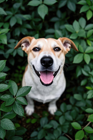 Portrait of a cute dog in the green garden. Shallow depth of fieldの素材