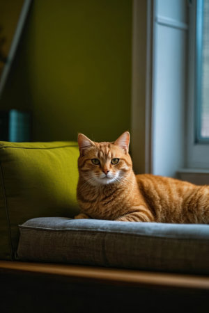 Cute ginger cat lying on sofa at home and looking at cameraの素材