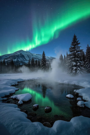 Aurora borealis, northern light over mountain lake in winterの素材