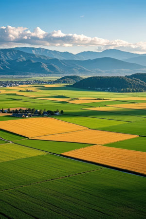 Aerial view of agricultural fields in the Carpathian Mountains, Ukraineの素材