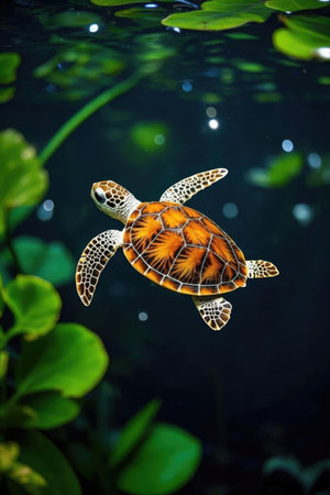 Green Sea Turtle swimming in the dark water of a tropical pond.の素材