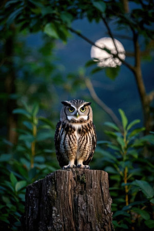 Great horned owl on a tree stump with full moon in the backgroundの素材