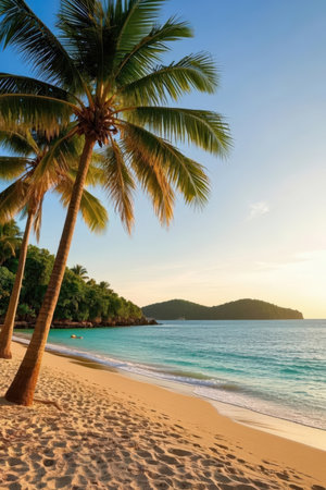 Tropical beach with palm trees at sunset, Seychellesの素材