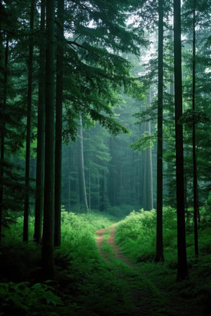 Path in the dark forest in the morning. Misty forest landscape.の素材
