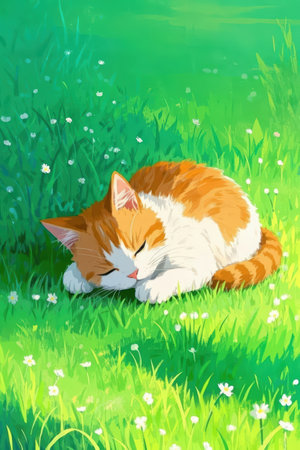 Cute cat lying on the grass in the garden. Vector illustration.の素材