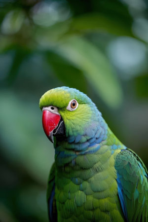 Beautiful green parrot in nature, close-up.の素材