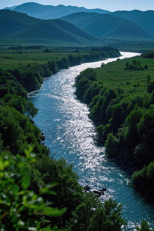Mountain landscape with a river in the valley. Altai, Russiaの素材