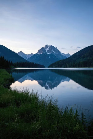 Reflection of the mountains in the lake in the evening, Switzerlandの素材
