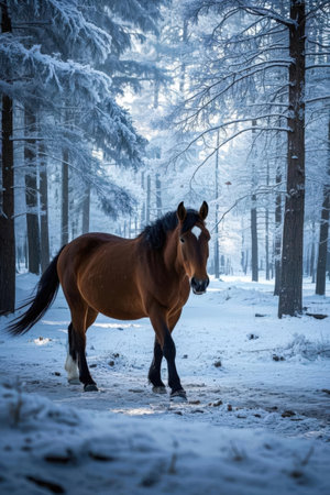 Horse in the winter forest. Beautiful winter landscape with horse.の素材