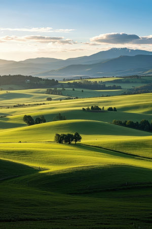 Landscape in Tuscany, Italy. Green fields and meadows at sunset.の素材