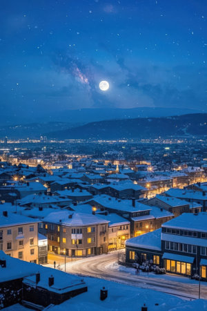 Night view of the city of Salzburg, Austria. The city is covered with snow.の素材