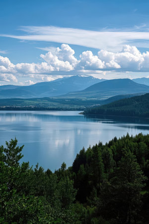 Mountain landscape with lake and blue sky. Siberia, Russia.の素材