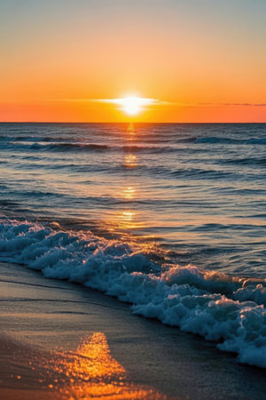 Beautiful sunset on the sea. Sunrise on the beach. Sea wave.の素材