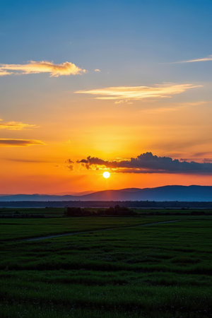 Sunset over rice field in the countryside of Thailand in the evening.の素材