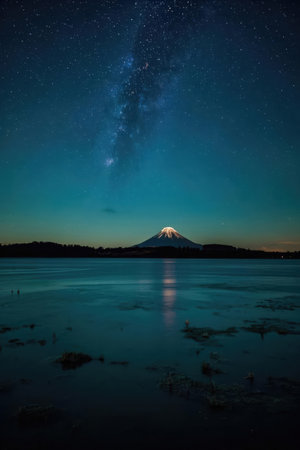 Milky Way and Mt Fuji at Lake Kawaguchiko, Japanの素材
