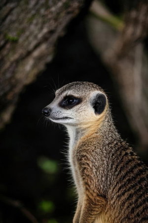 Meerkat, Suricata suricatta, single mammal on branch, South Africaの素材
