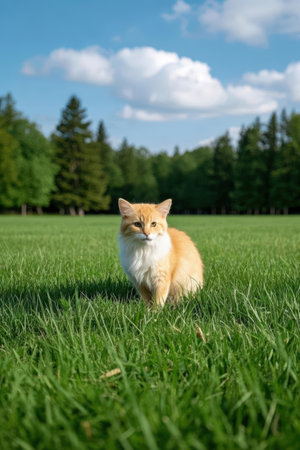 Red cat on the green grass in the meadow. Selective focus.の素材