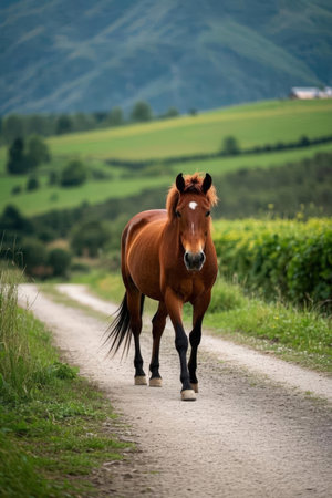 Beautiful brown horse walks on a country road in summer day.の素材