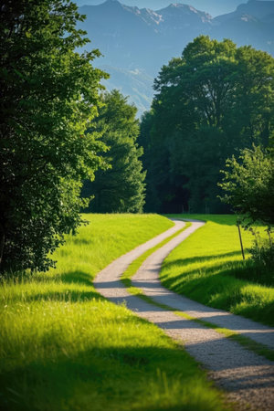Rural road in the meadow with green grass and trees.の素材