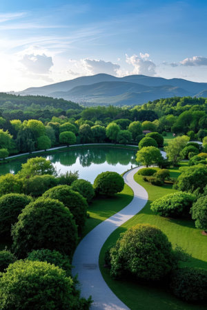Beautiful landscape with lake and trees in the park. View from above.の素材