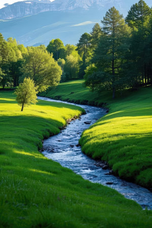 Mountain river in the green meadow at sunset. Spring landscapeの素材