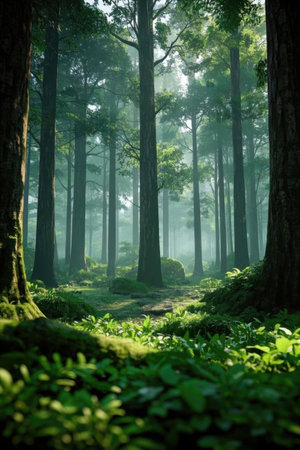 Morning mist in the forest with trees and grass in the foreground.の素材