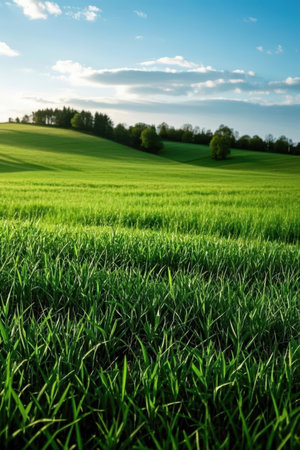 Beautiful spring landscape with green field and blue sky. Nature background.の素材