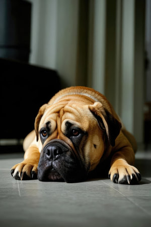 bullmastiff dog lying on the floor in front of the cameraの素材