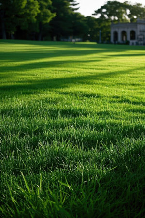 Green grass in the park at sunset. Natural background with copy space.の素材