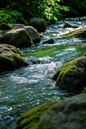 river in the forest on a sunny summer day with green foliage and rocksの素材